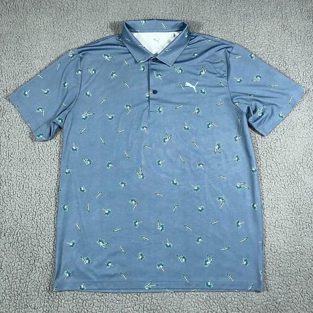 Puma Golf MATTR Polo Shirt Mens Large Blue Tropical Floral Short Sleeve Golfcore